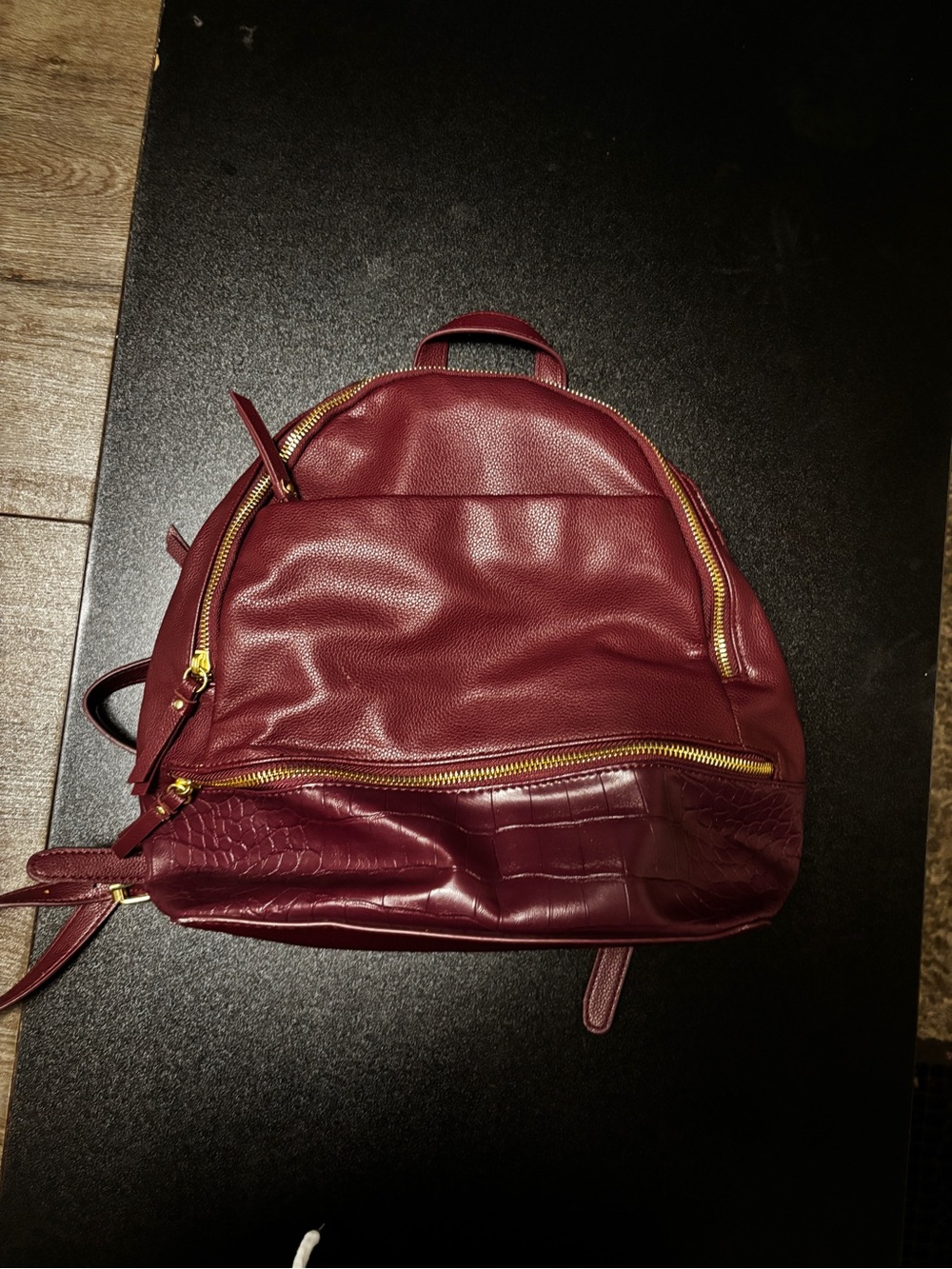 Women's Burgundy Faux Leather Backpack - Gold Hardware